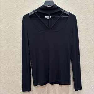 LNA Black Cross Front Long Sleeve Turtle Neck Ribbed Knit Top Small Minimalist